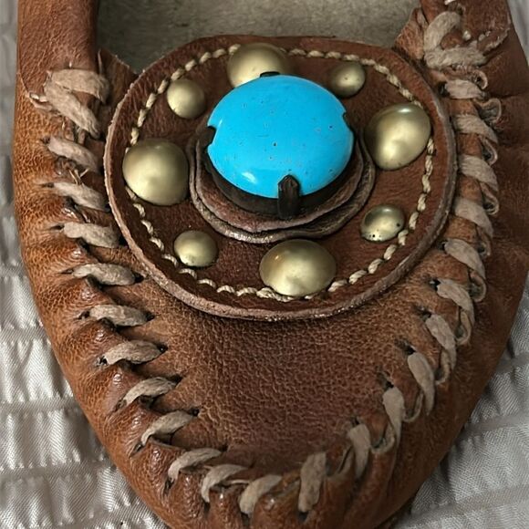 Miu Miu Womens 37 equals 6 1/2 US Brown Loafers Shoes Tan Leather Turquoise Heel - Picture 7 of 7